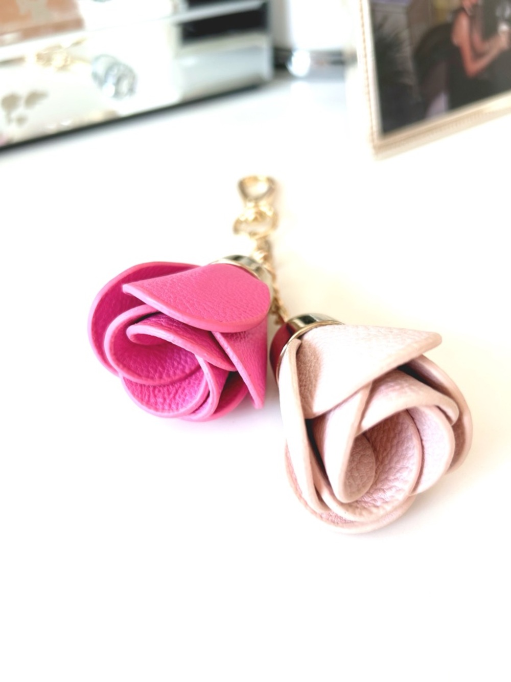 Anthropologie Pink Two-Tone Rose Vegan Leather Keychain Purse Charm
